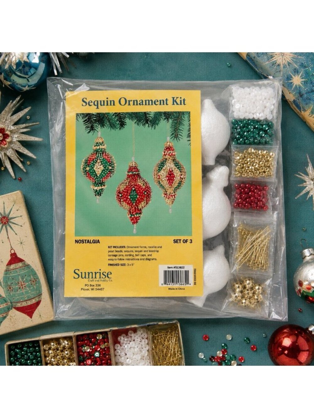 Vintage Sunrise Sequin Push Pin Ornament Craft Kit Nostalgia Christmas Beaded